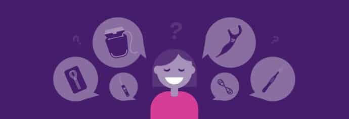 rendering of a woman considering various floss types