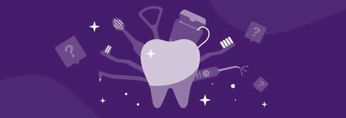 rendering of an oversized tooth with many types of floss and brushes to symbolize your oral hygiene routine