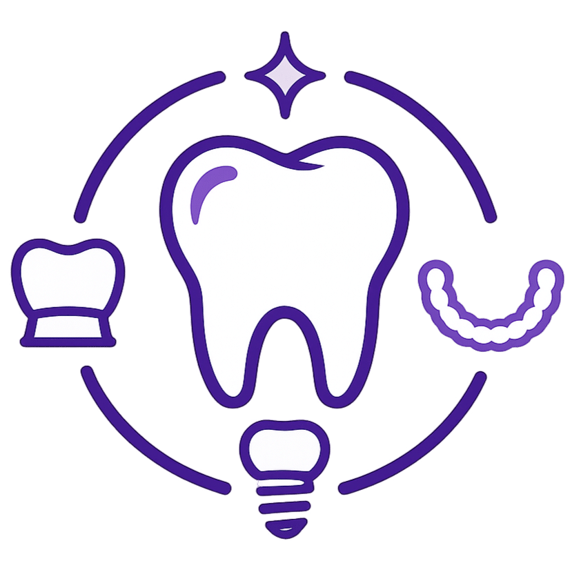 Dental care icons representing crowns, clear aligners and implants
