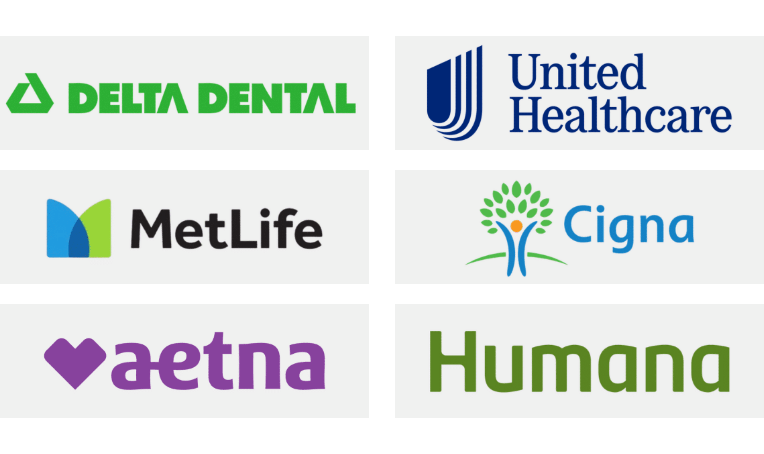 In-network dental insurance companies including Delta Dental, UnitedHealthcare, MetLife, Cigna, Aetna, and Humana