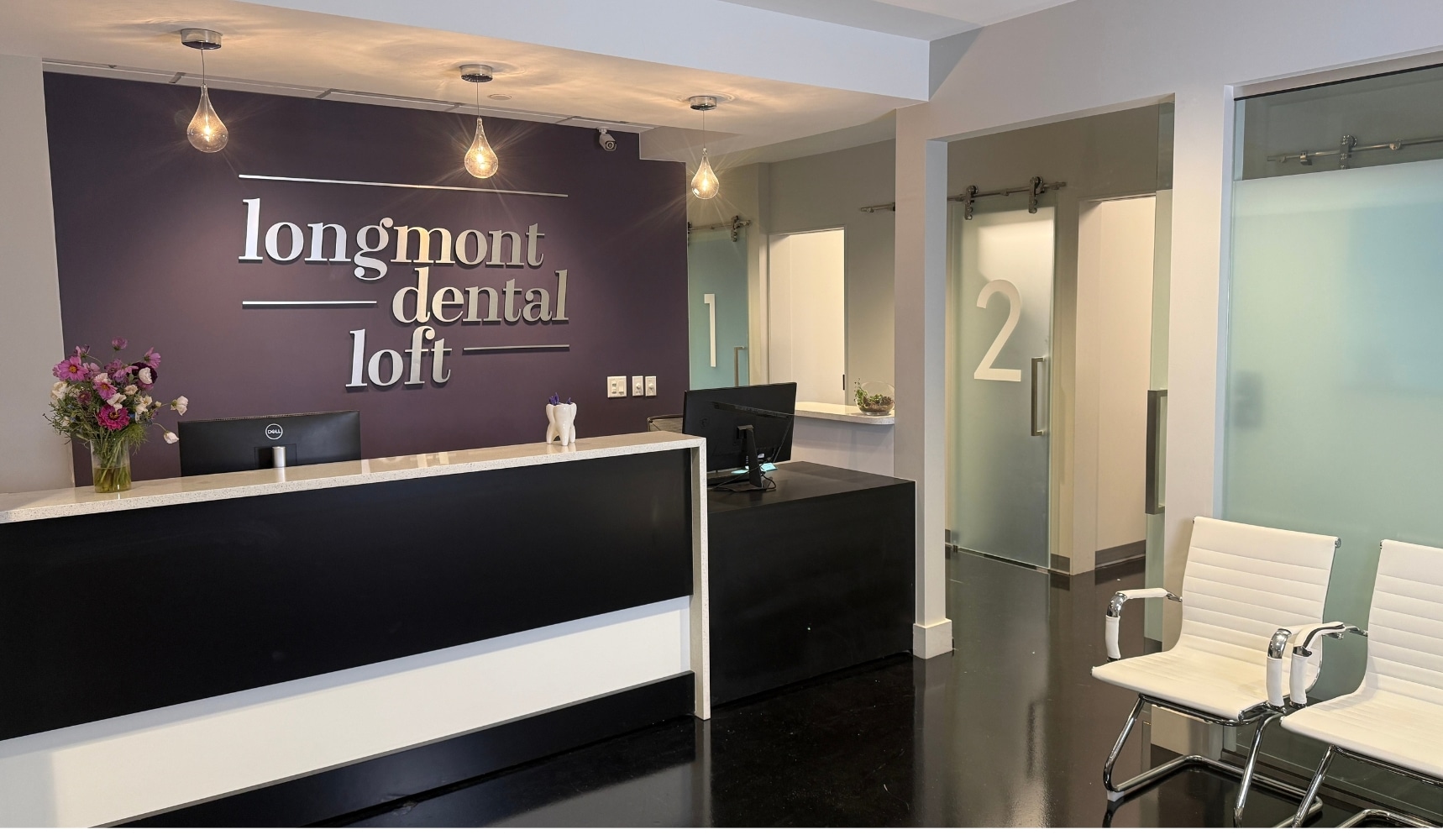 Reception and waiting area at Longmont Dental Loft